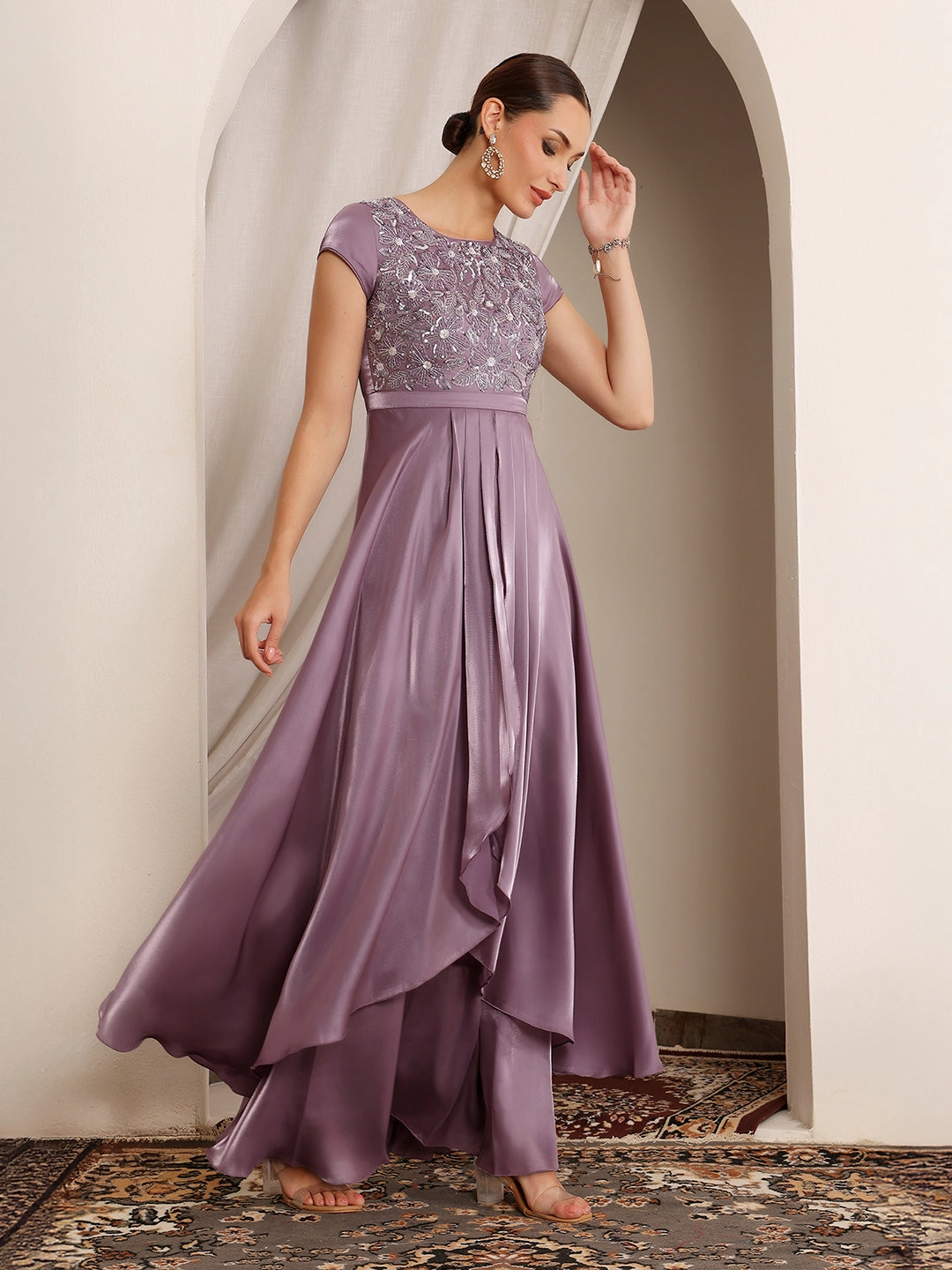 Women's Dusty Purple Round Neck Short Sleeve Embroidered Layered Satin Maxi Dress Beaded-Edge Subtle Glow