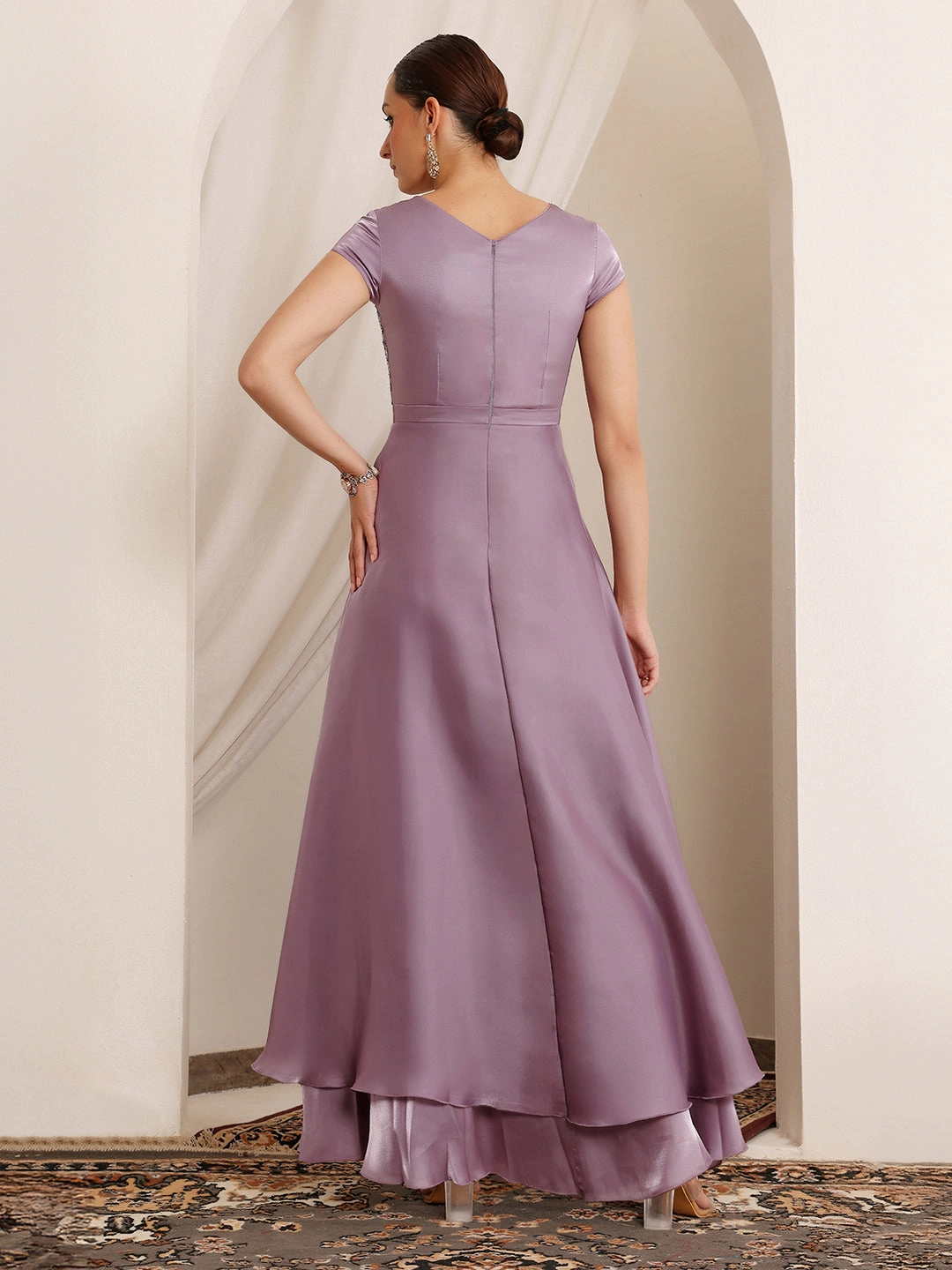 Velvet-Edge Women's Dusty Purple Round Neck Short Sleeve Embroidered Layered Satin Maxi Dress