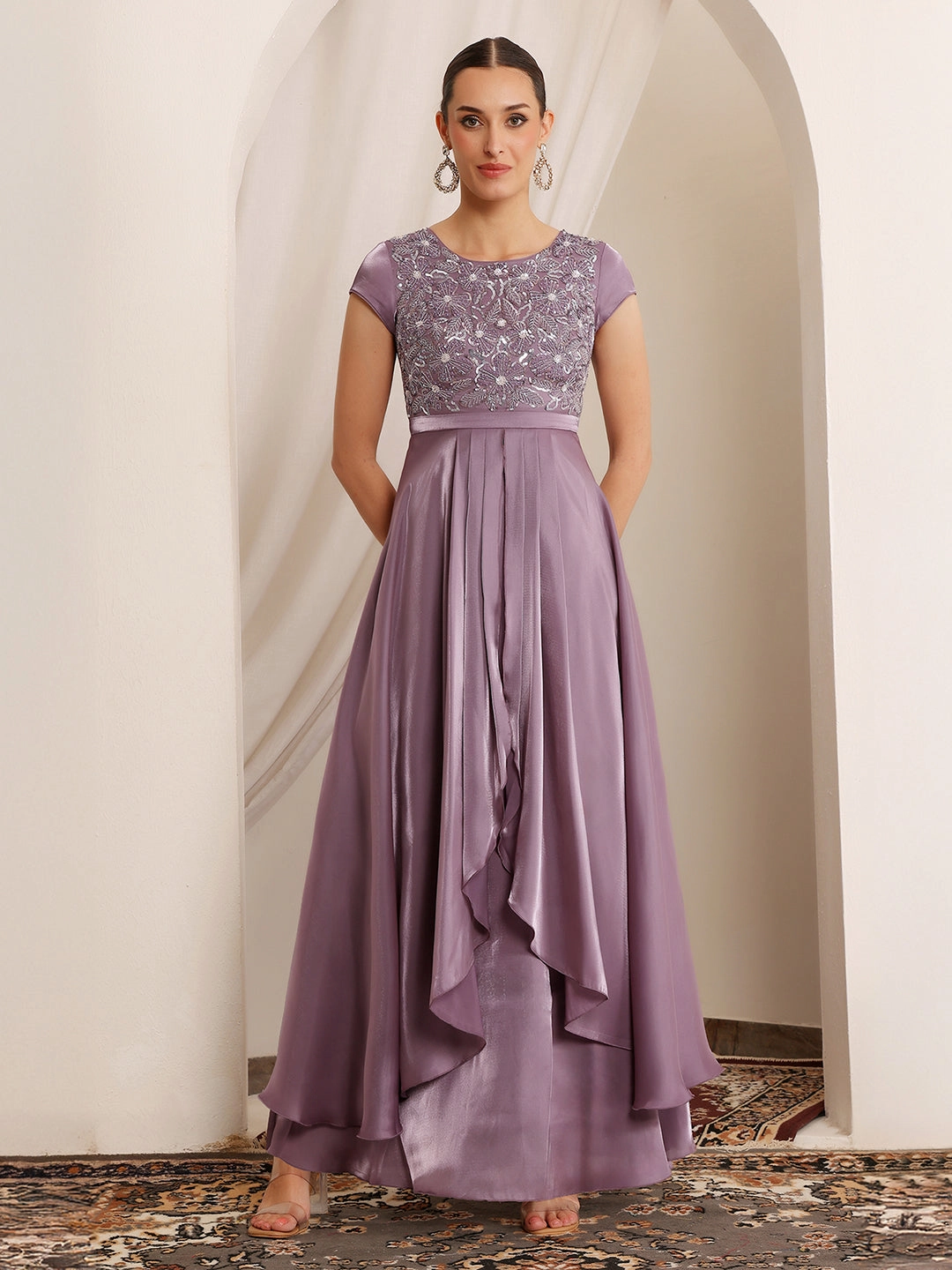 Casual and Smart Garden Fresh Women's Dusty Purple Round Neck Short Sleeve Embroidered Layered Satin Maxi Dress
