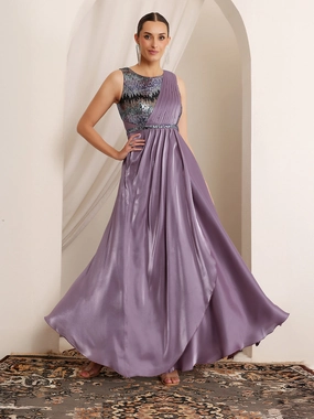 Women's Dusty Purple Round Neck Sleeveless Embellished Layered Satin Maxi Dress High Hemline Body Fit