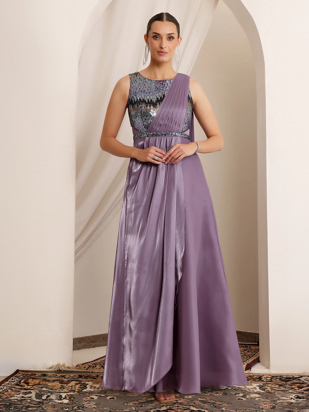 Women's Dusty Purple Round Neck Sleeveless Embellished Layered Satin Maxi Dress Bust-Enhancing