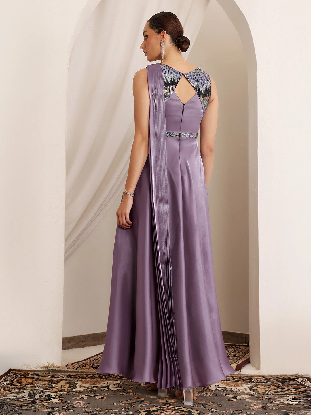 Women's Dusty Purple Round Neck Sleeveless Embellished Layered Satin Maxi Dress Sleek Wear