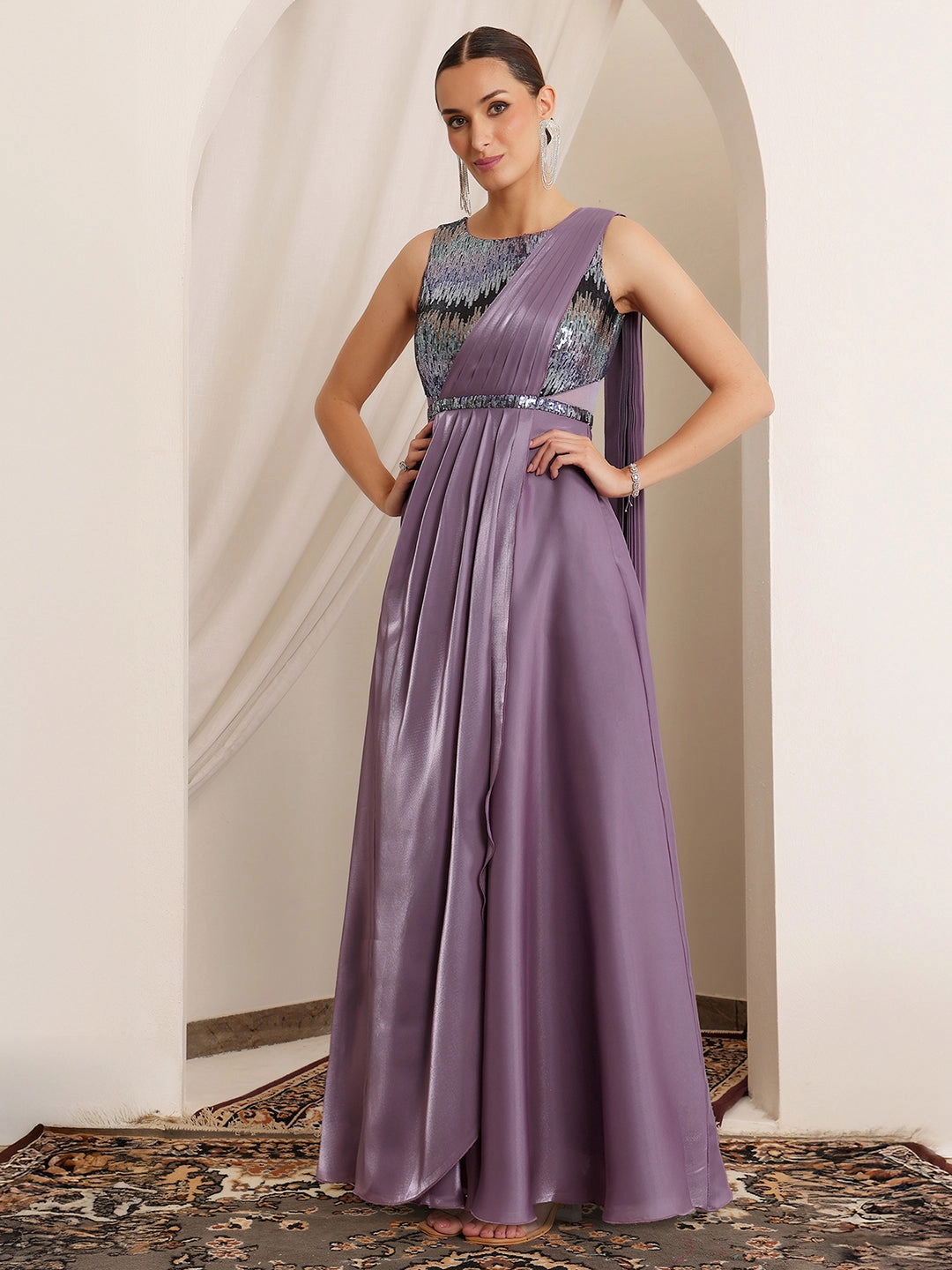 Autumn-Season Women's Dusty Purple Round Neck Sleeveless Embellished Layered Satin Maxi Dress