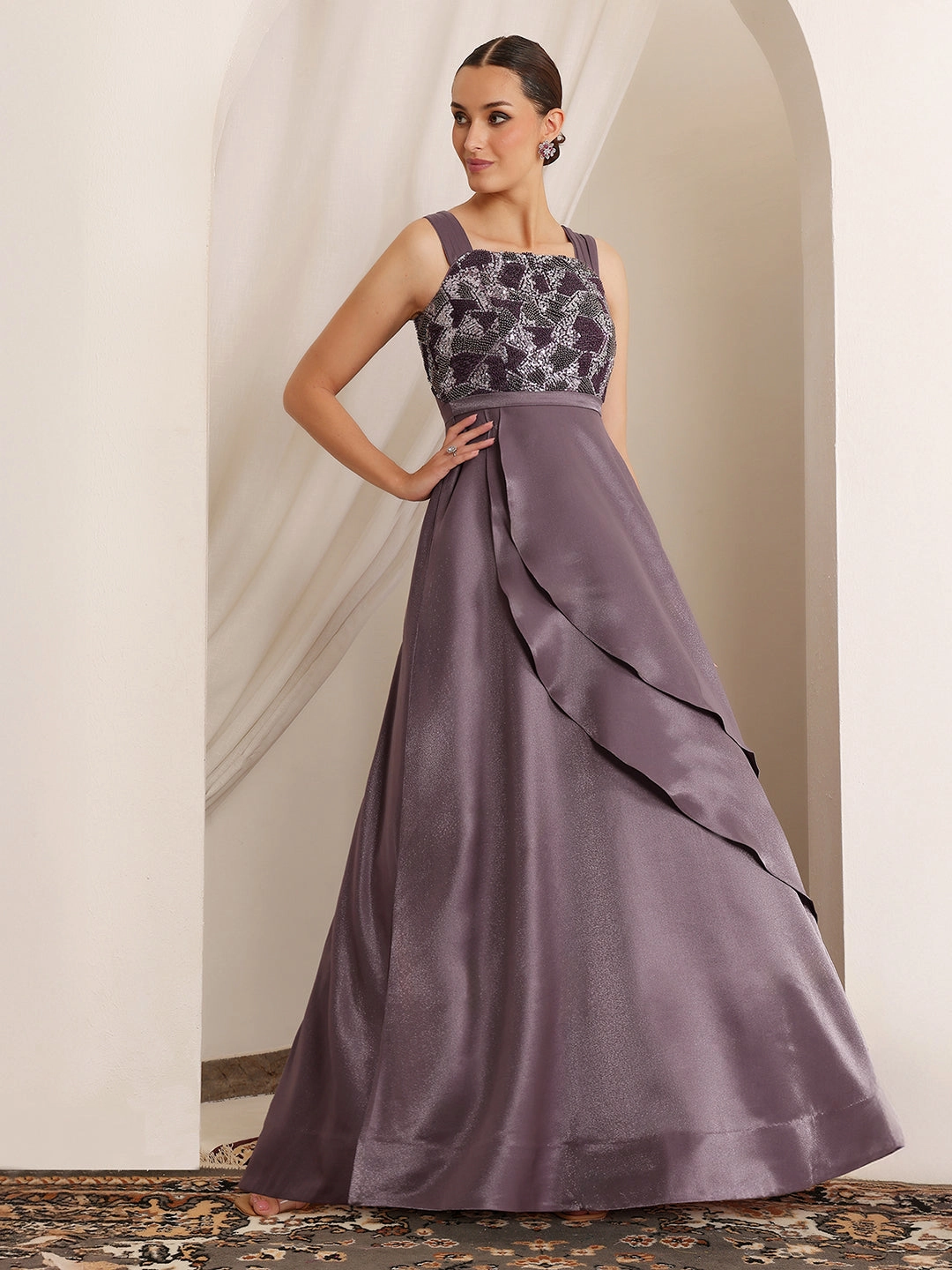 Women's Dusty Purple Square Neck Sleeveless Embellished Layered Satin Maxi Dress Bell-Sleeve