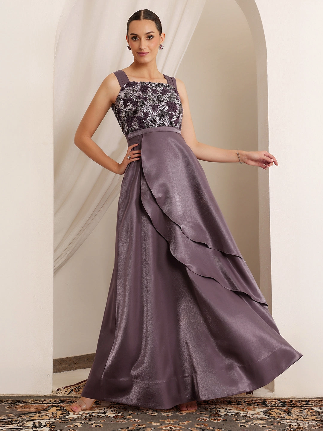 Women's Dusty Purple Square Neck Sleeveless Embellished Layered Satin Maxi Dress Chic Rhythm