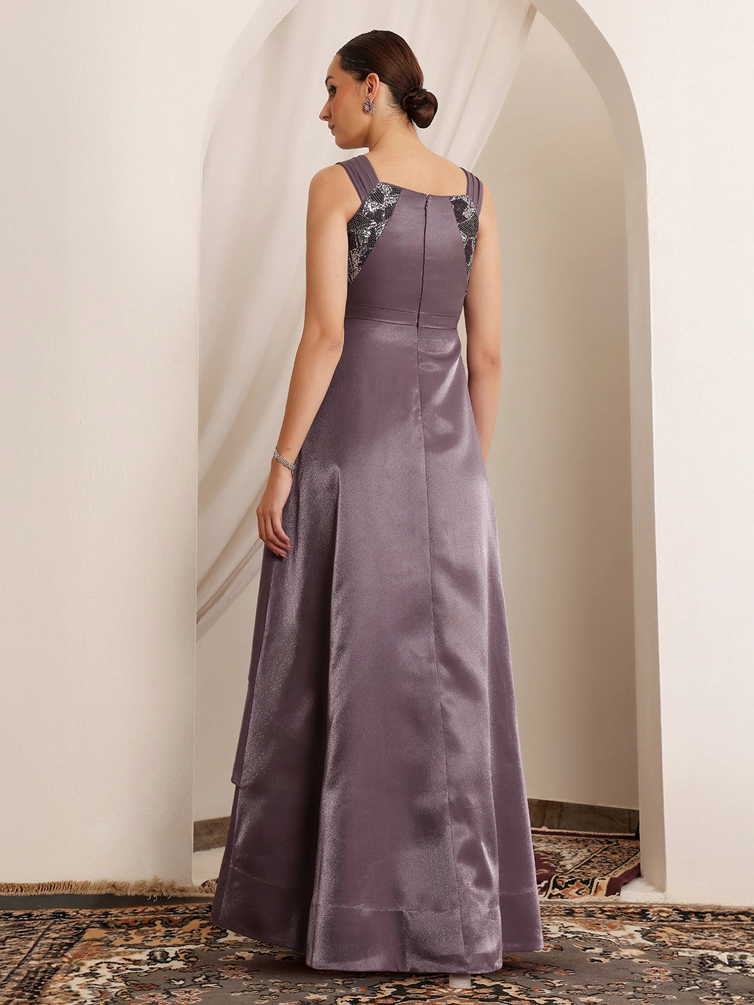 Grace Flow Work Ready Women's Dusty Purple Square Neck Sleeveless Embellished Layered Satin Maxi Dress