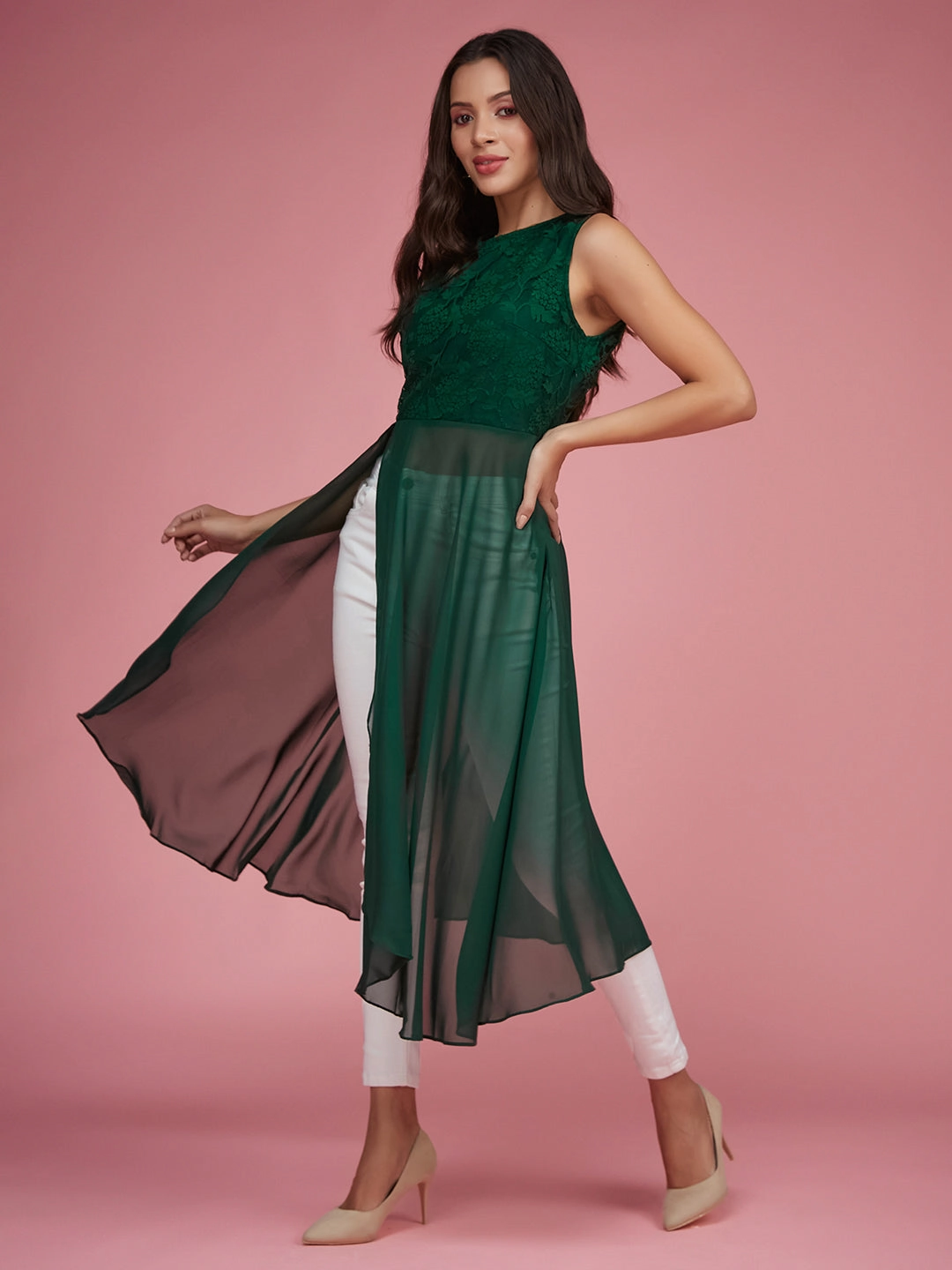 Women's Forest Green Round Neck Sleeveless Solid Lace Overlaid Maxi Top Recycled Fiber Blend Modular Pocket Layout