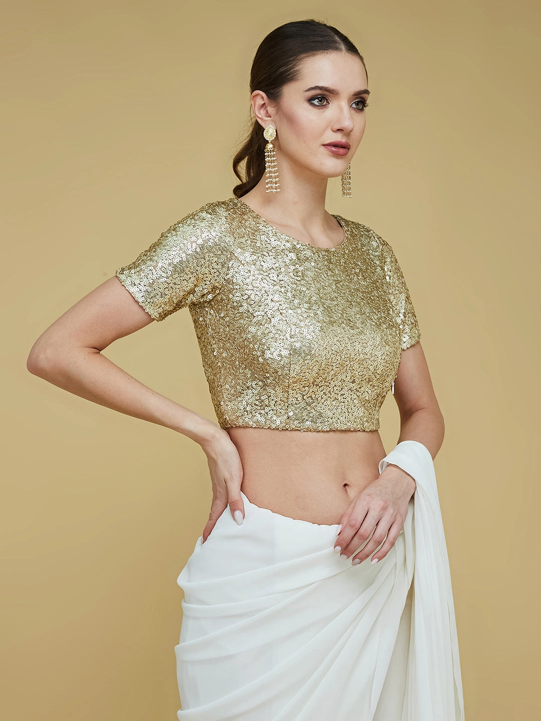 Women's Golden Embellished Round Neck Half Sleeve Princess Seam Pocketed Polyester Back Tie Up Short Blouse FlexFoamInserts SnagResistant Fabric