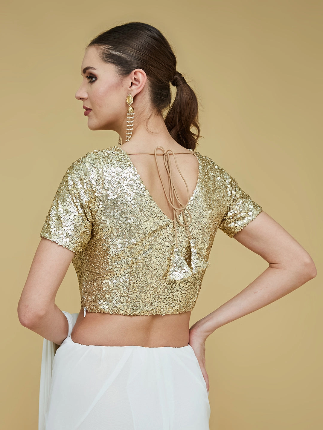 Interlock Knit Sustainable Material Blend Women's Golden Embellished Round Neck Half Sleeve Princess Seam Pocketed Polyester Back Tie Up Short Blouse