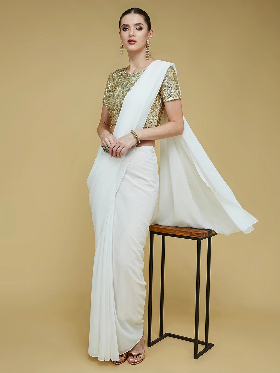 PreShrunk Fabric Women's Golden Embellished Round Neck Half Sleeve Princess Seam Pocketed Polyester Back Tie Up Short Blouse