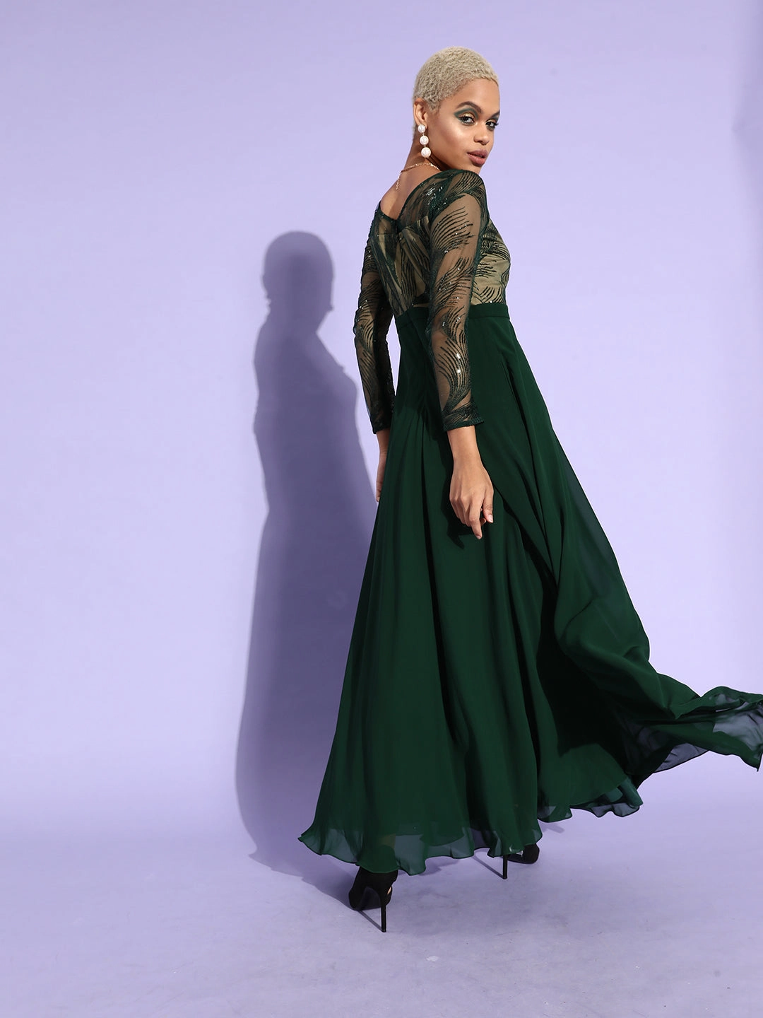 Relax Flex Gentle Flow Women's Green & Beige Solid Embellished Maxi Dress