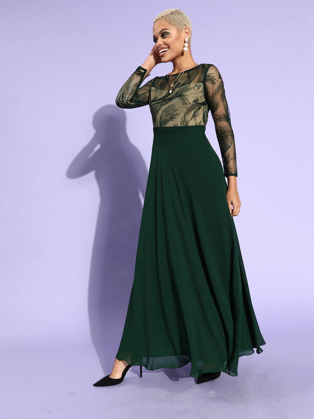 Fit Vibe Bohemian-Style Women's Green & Beige Solid Embellished Maxi Dress