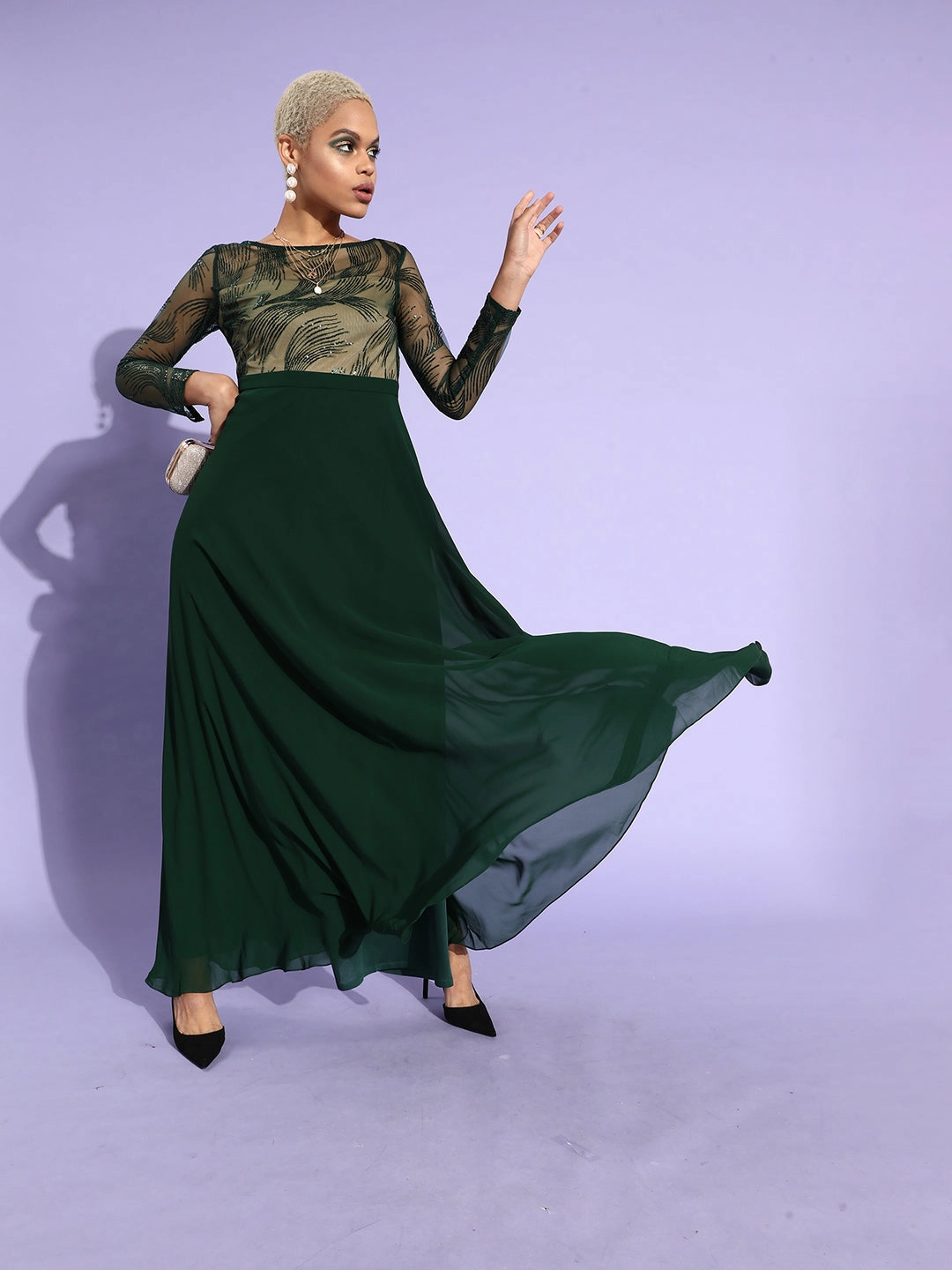 Practical-Style Timeless Wearable Women's Green & Beige Solid Embellished Maxi Dress