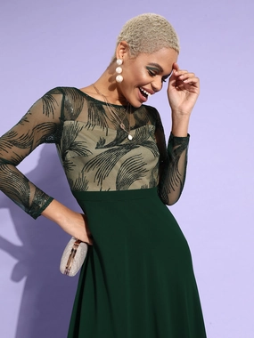 AntiStaticMaterial Women's Green & Beige Solid Embellished Maxi Dress