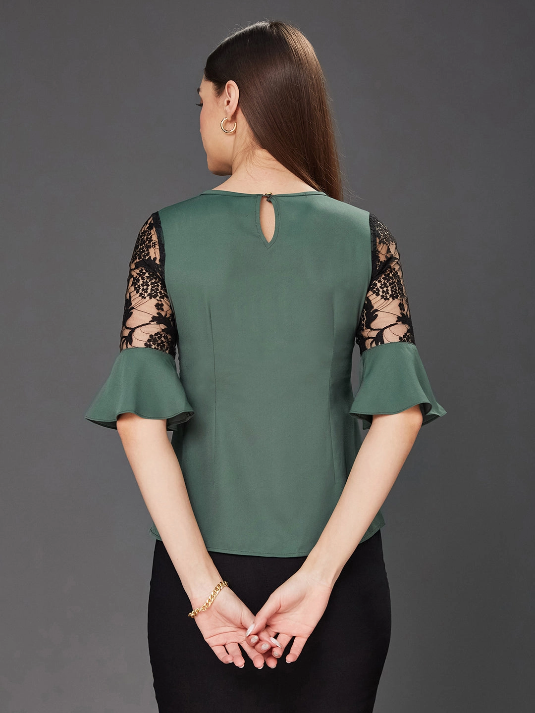 Women's Green & Black Solid Round Neck 3/4 Sleeve Relaxed Fit Regular Top ZeroWaste Construction ContouredPanels
