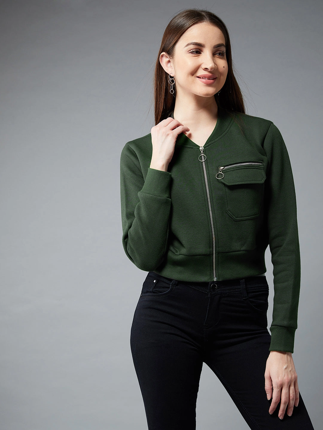 Eco Friendly Production Women's Green Stand Collar Full Sleeves Cotton Boxy/Bomber Cropped Jacket