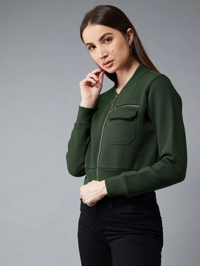 Women's Green Stand Collar Full Sleeves Cotton Boxy/Bomber Cropped Jacket Draft Block