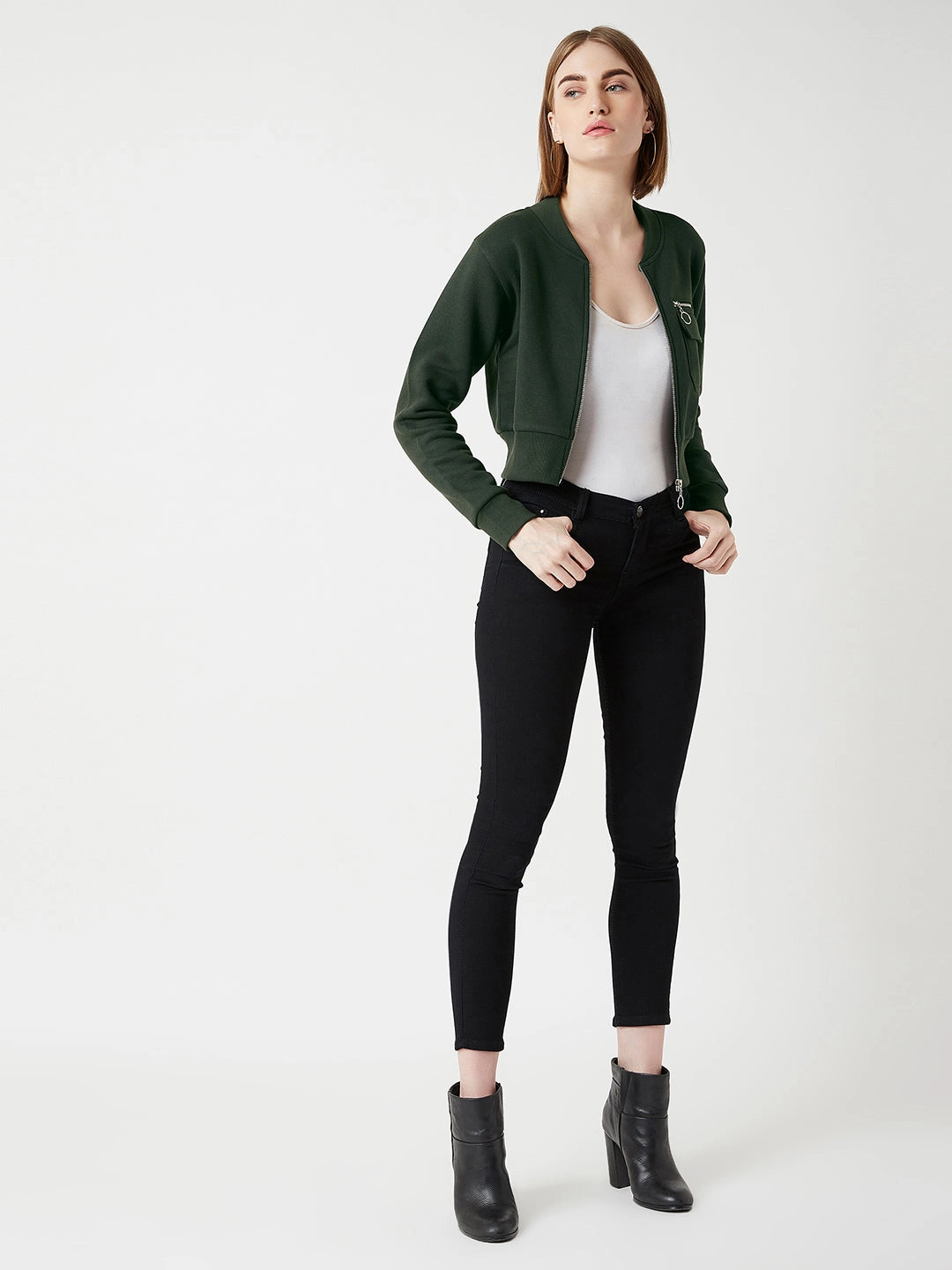 Elasticated Waistband Women's Green Stand Collar Full Sleeves Cotton Boxy/Bomber Cropped Jacket