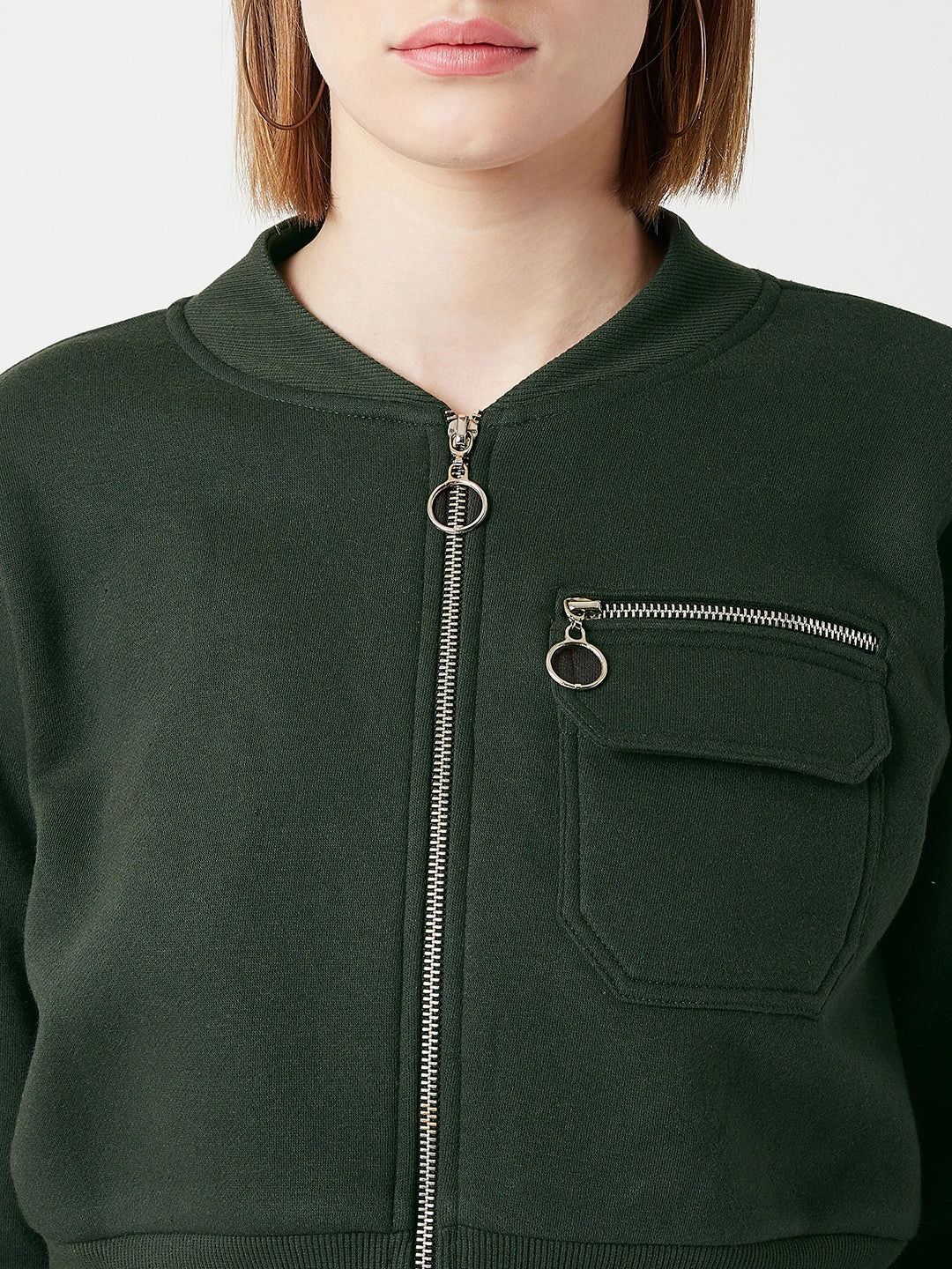 Plaid Design Women's Green Stand Collar Full Sleeves Cotton Boxy/Bomber Cropped Jacket