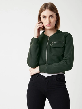 Elegant Styling Thick Insulation Women's Green Stand Collar Full Sleeves Cotton Boxy/Bomber Cropped Jacket