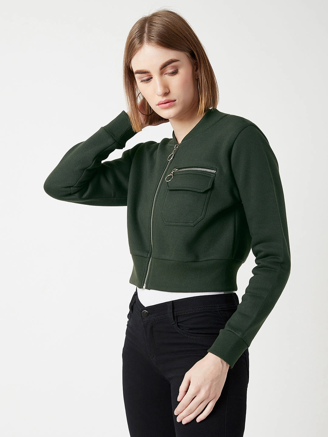 Women's Green Stand Collar Full Sleeves Cotton Boxy/Bomber Cropped Jacket Cold Day Look Warm Layer Option