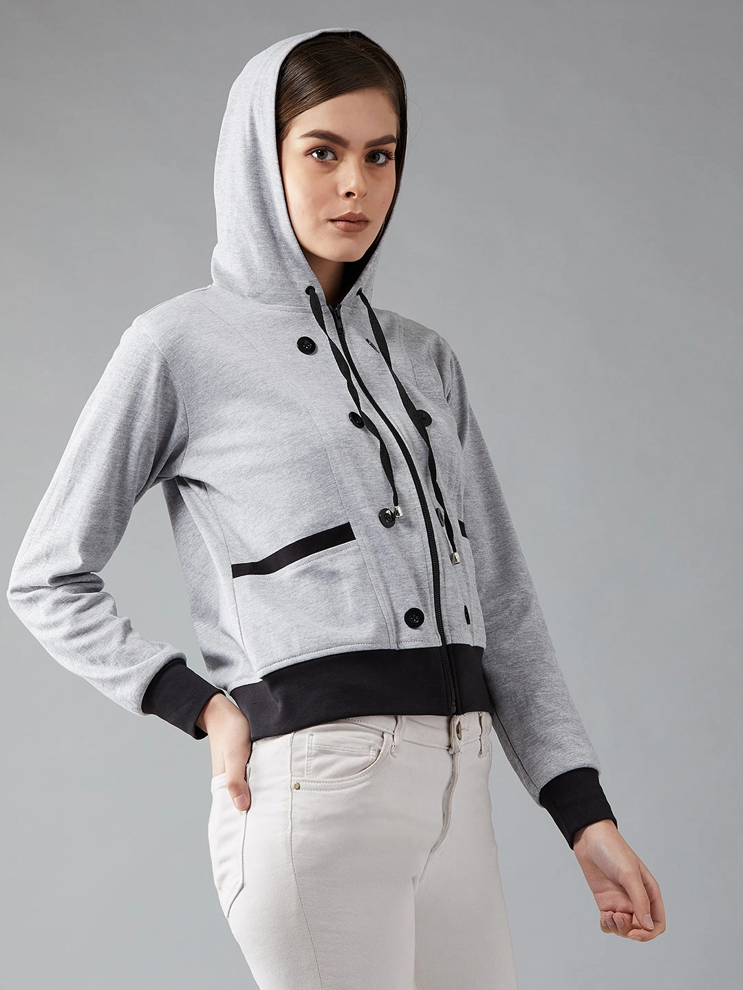 Women's Grey Hooded Full Sleeves Solid Drawstring And Eyelet Detailing Regular Length Jacket LightPadding LightweightInsulation