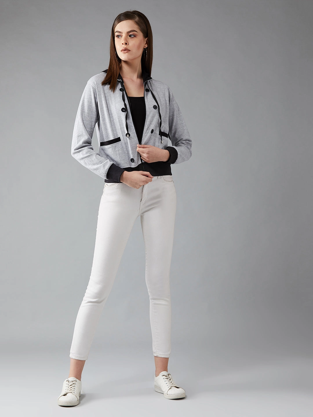 Ergonomic Shoulder Fit Women's Grey Hooded Full Sleeves Solid Drawstring And Eyelet Detailing Regular Length Jacket