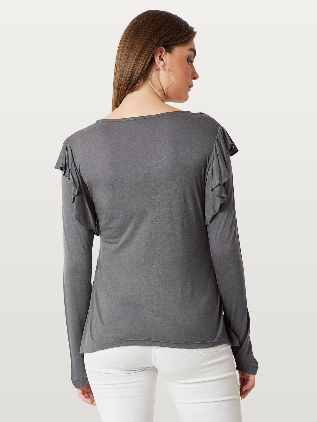 Women's Grey Round Neck Full Sleeves Solid Ruffled Top All Day Comfort