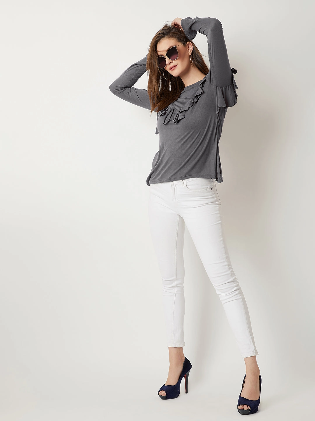 Women's Grey Round Neck Full Sleeves Solid Ruffled Top Minimalist Silhouette Cut