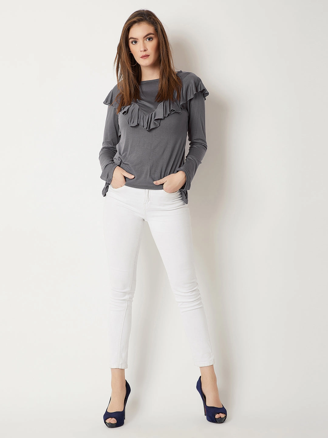 FrictionFreeNeckline Flatlock Seam Design Women's Grey Round Neck Full Sleeves Solid Ruffled Top