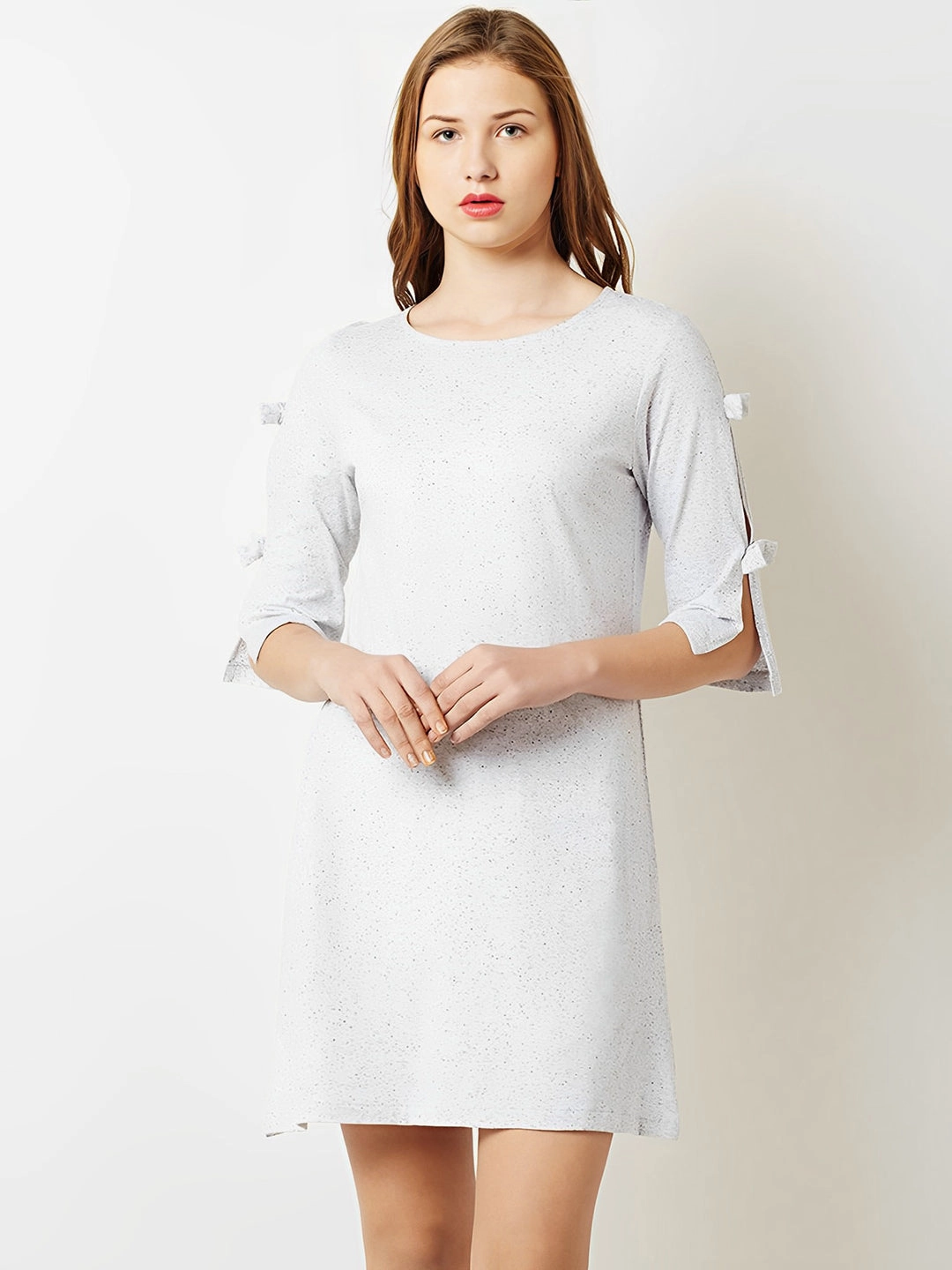 Women's Grey Round Neck Slit 3/4 Sleeve Solid Mini A-Line Dress Sophisticated Waist Fit Plus Fit