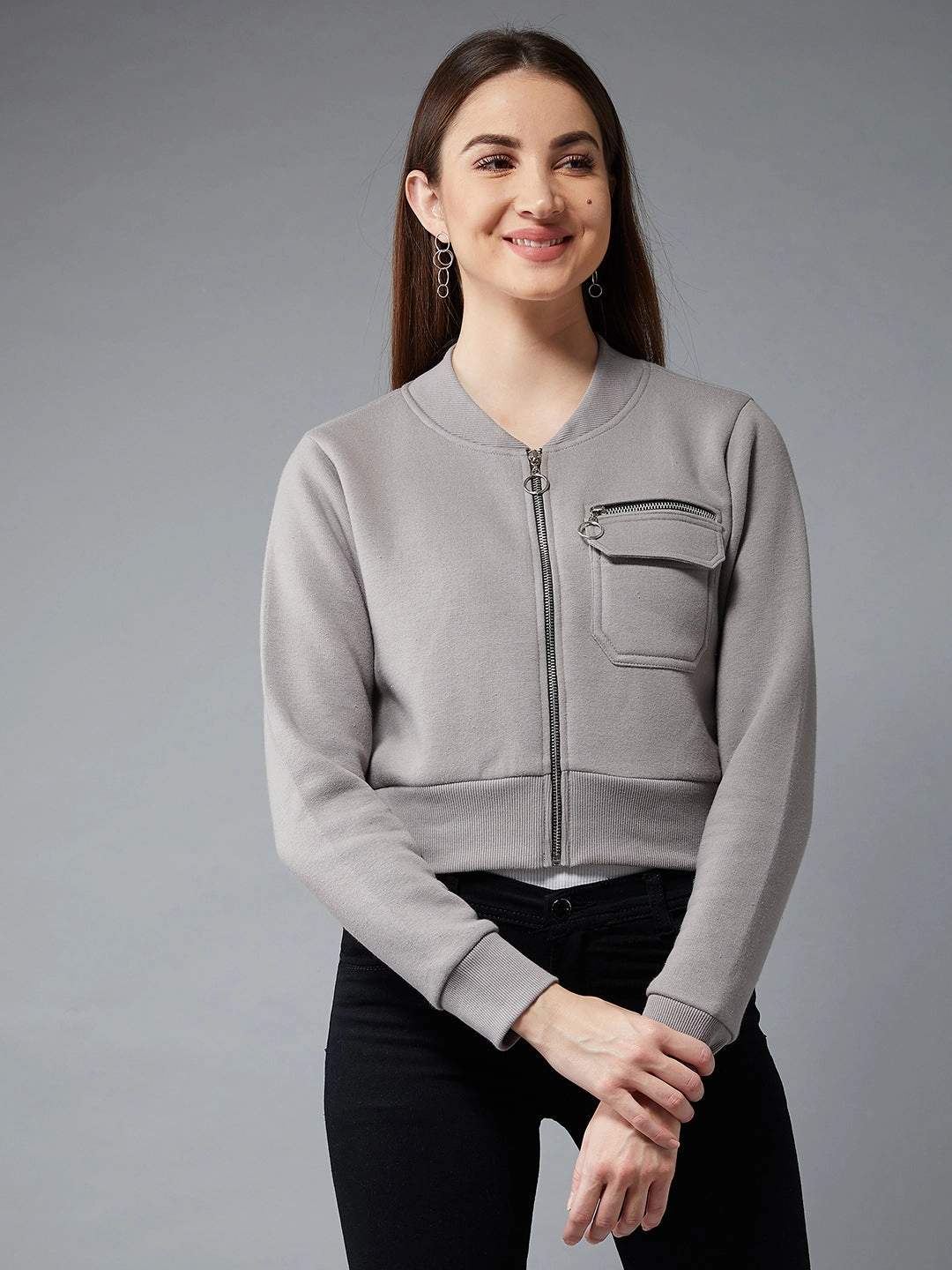 One Color Women's Grey Stand Collar Full Sleeves Cotton Boxy/Bomber Cropped Jacket