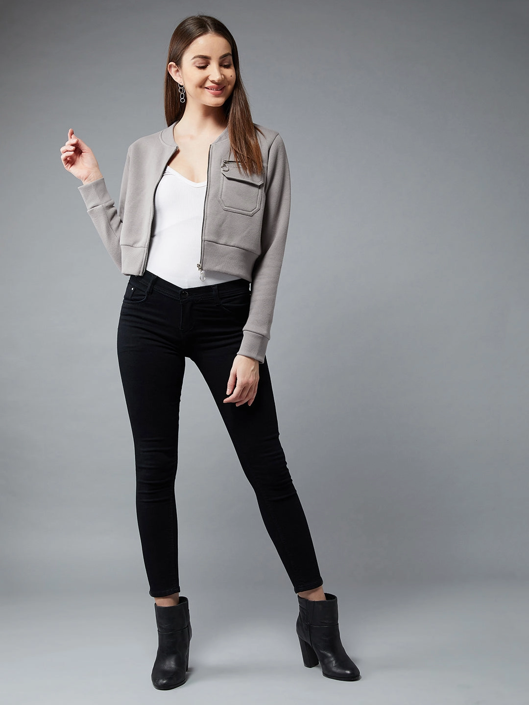 Women's Grey Stand Collar Full Sleeves Cotton Boxy/Bomber Cropped Jacket Slim Tailored