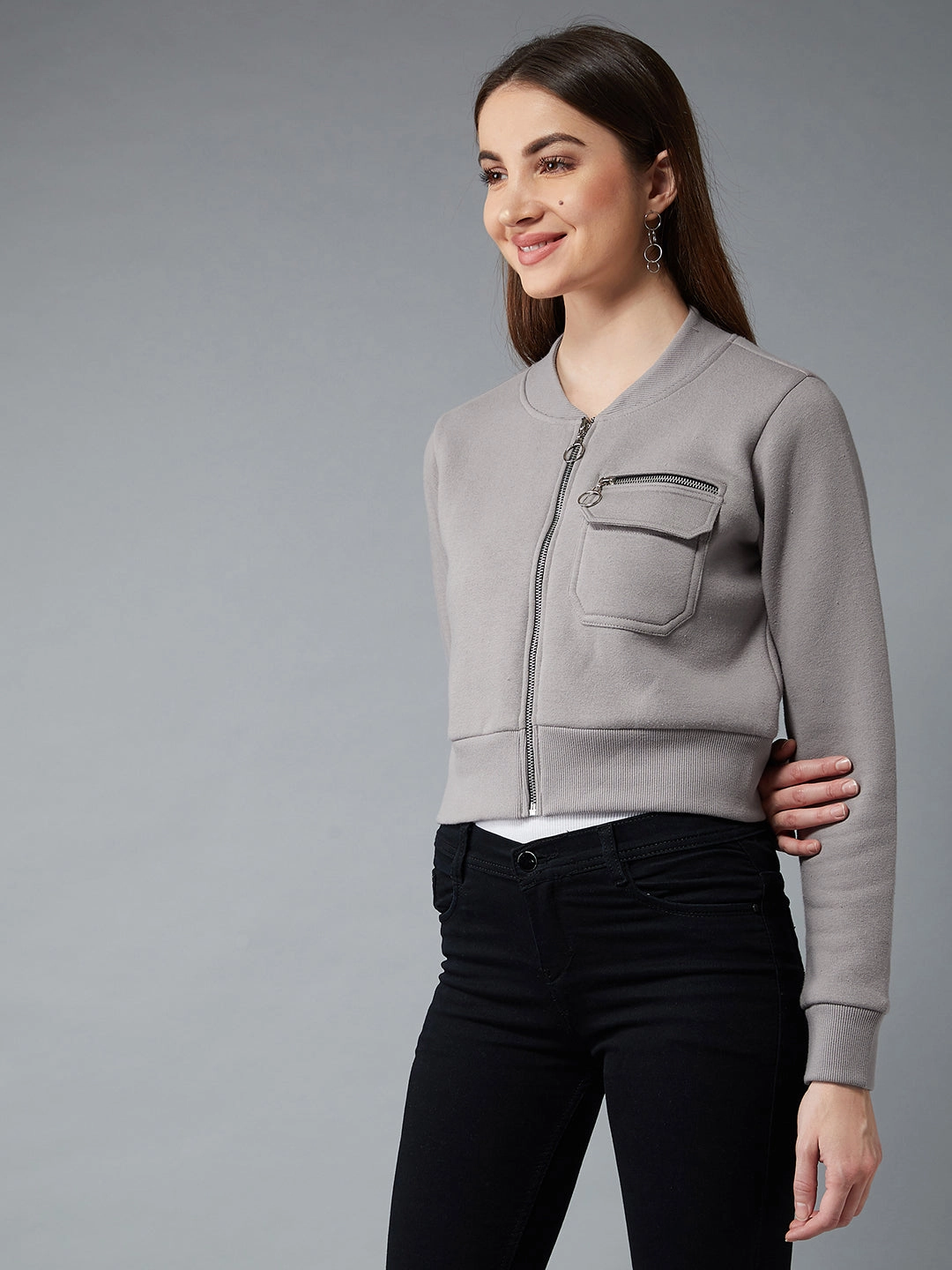 Long Sleeves Women's Grey Stand Collar Full Sleeves Cotton Boxy/Bomber Cropped Jacket