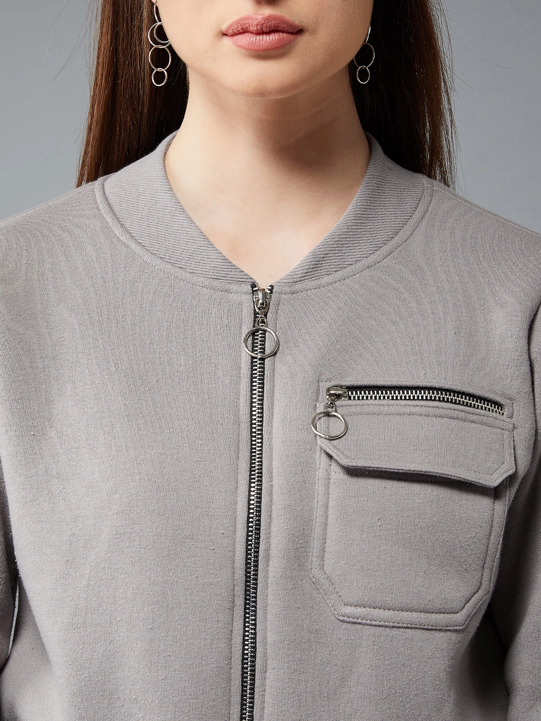 Women's Grey Stand Collar Full Sleeves Cotton Boxy/Bomber Cropped Jacket Fleece Lined Interior