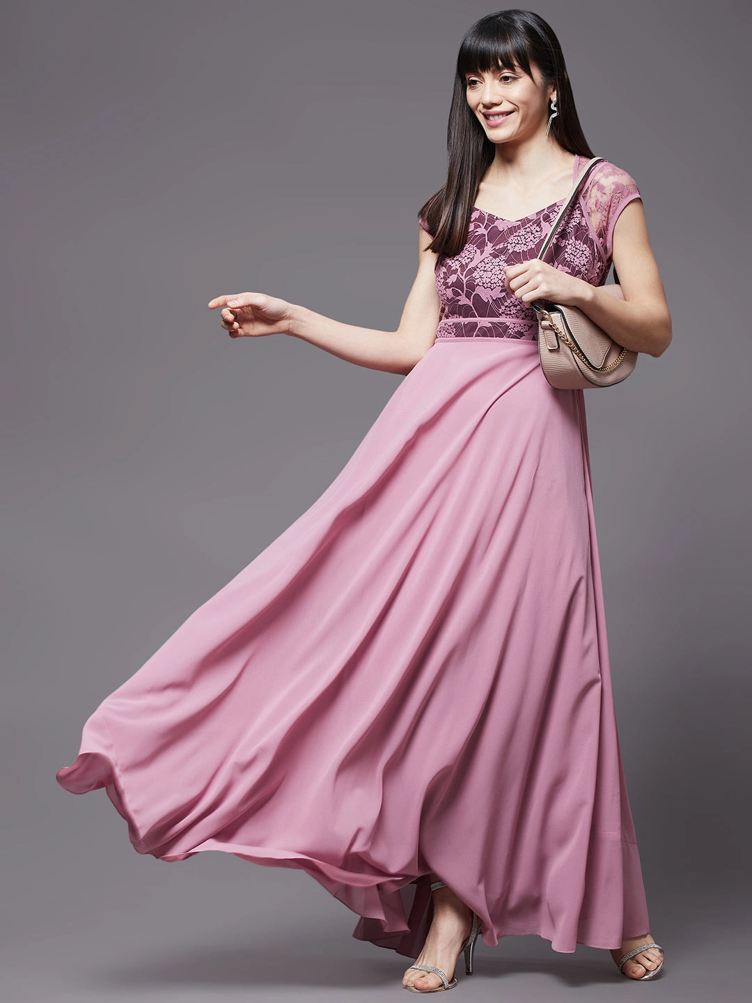 Women's Lavender & Wine V-Neck Cap Sleeves Floral Lace Fit & Flare Maxi Dress Lounge Style Practical-Style