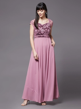 Versatile sundress Everyday-Comfort Women's Lavender & Wine V-Neck Cap Sleeves Floral Lace Fit & Flare Maxi Dress