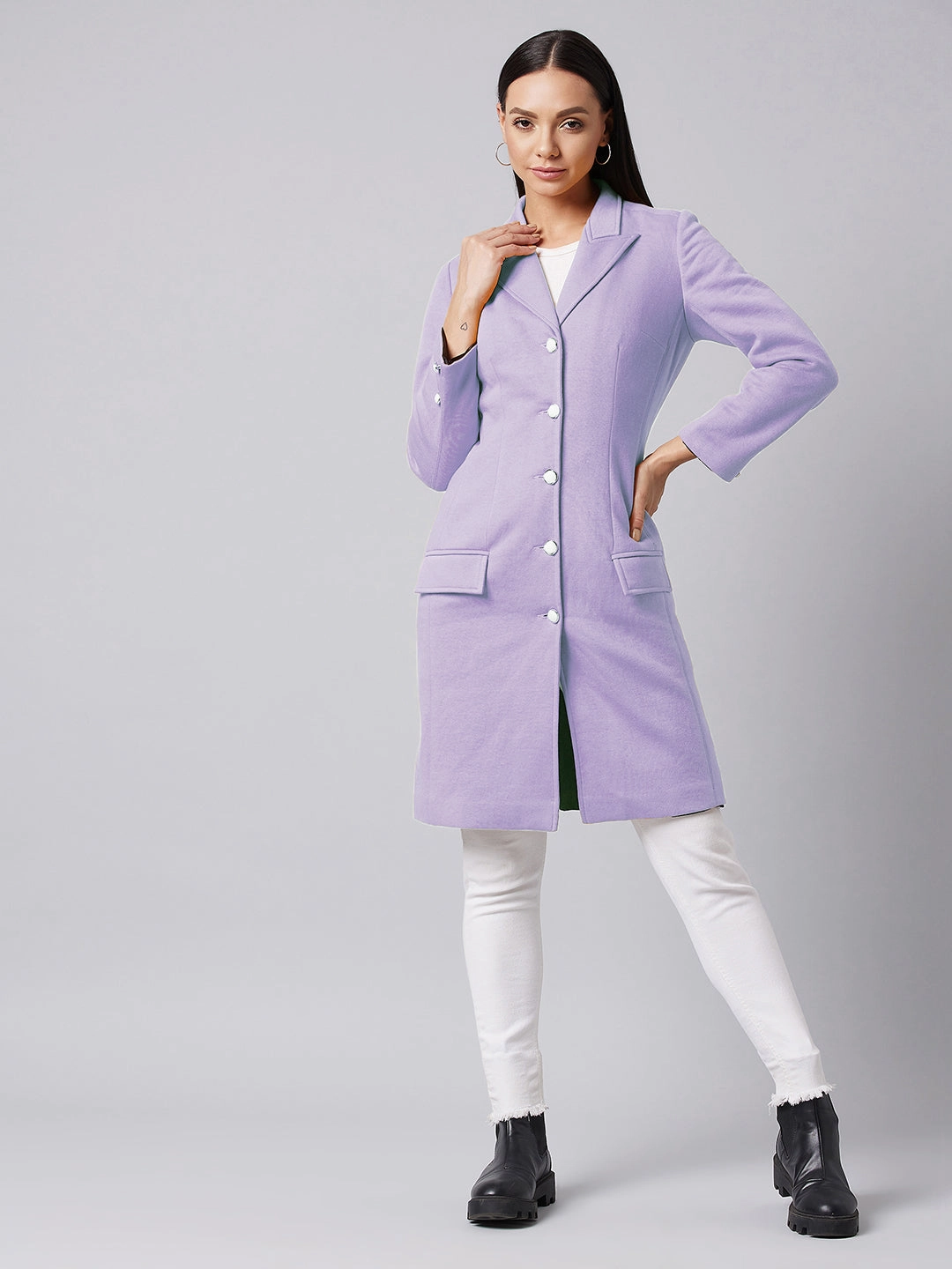 Adjustable Hood Functional Pocket Women's Lavender Notch Collar Full sleeve Solid Paneled Knee length Jacket