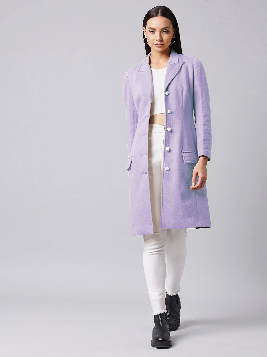 Women's Lavender Notch Collar Full sleeve Solid Paneled Knee length Jacket Fashion Forward Layer