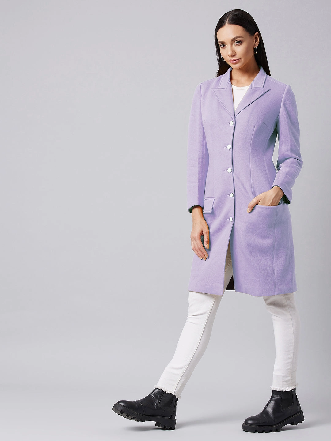 Women's Lavender Notch Collar Full sleeve Solid Paneled Knee length Jacket Essential Casual Look