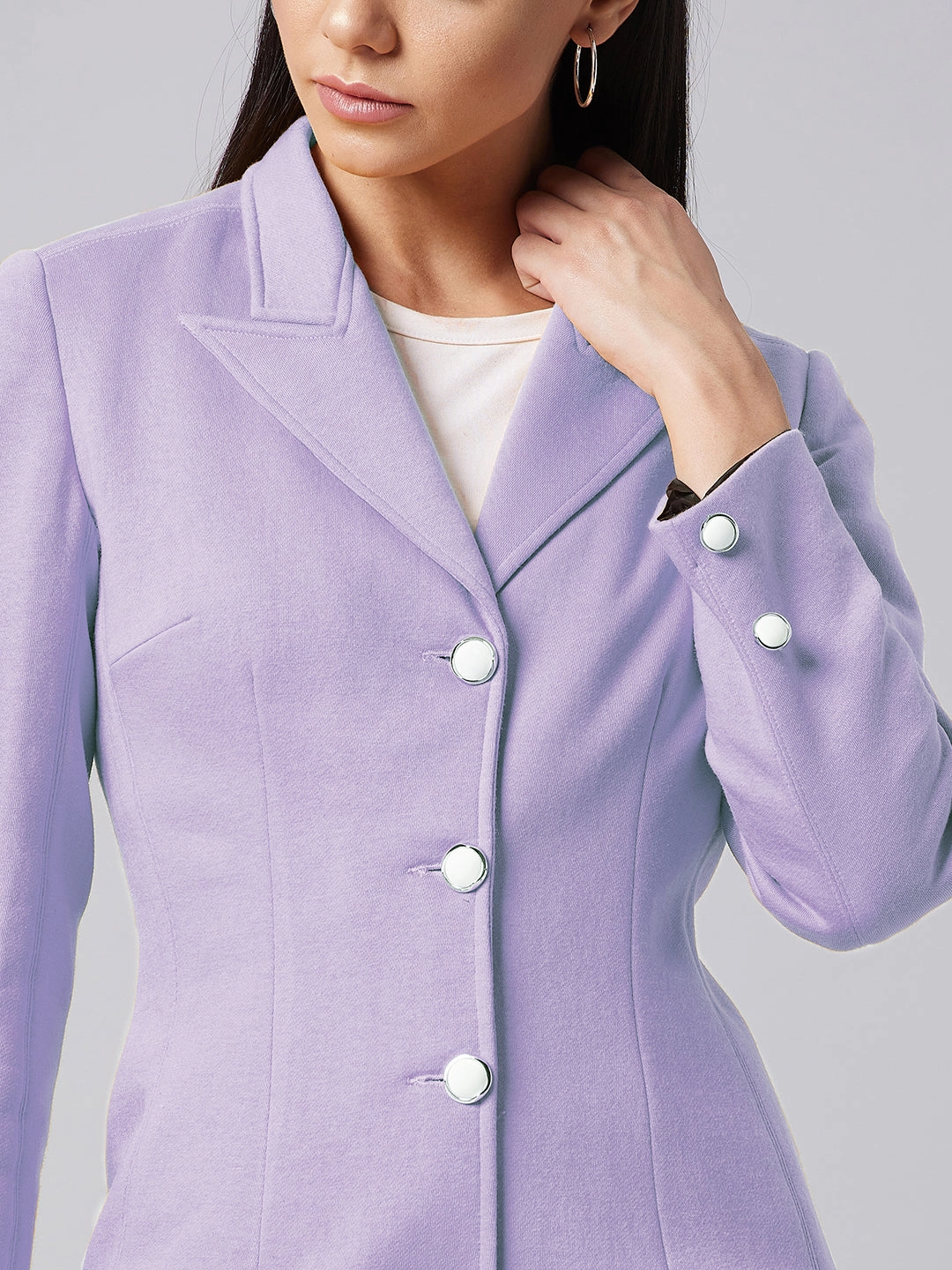 Women's Lavender Notch Collar Full sleeve Solid Paneled Knee length Jacket Light Protection