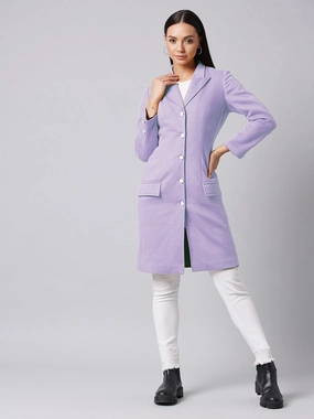 Adjustable Hood Functional Pocket Women's Lavender Notch Collar Full sleeve Solid Paneled Knee length Jacket