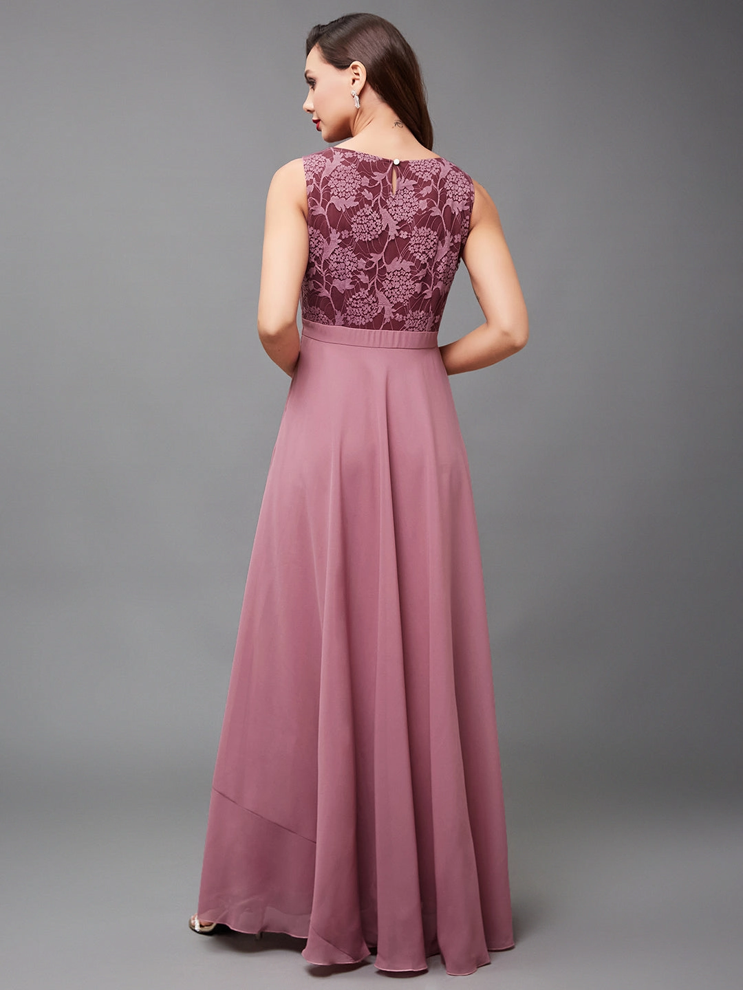 Women's Lavender Round neck Sleeveless Solid Lace Overlaid Maxi Dress Smooth Drape effortless grace