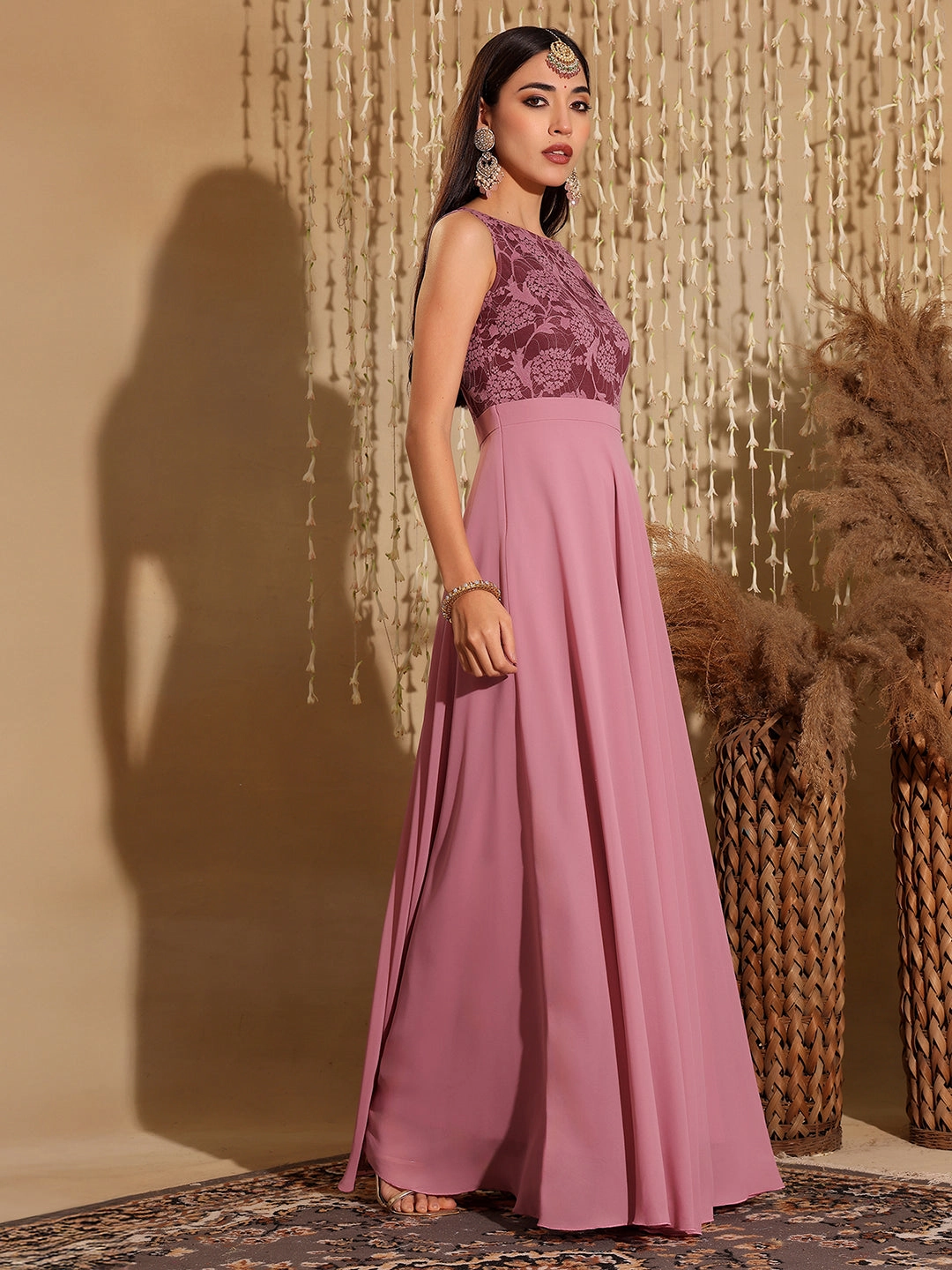 Elegant Appearance Calm Flow Women's Lavender Round neck Sleeveless Solid Lace Overlaid Maxi Dress