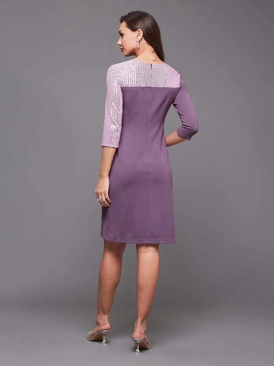 Women's Lavender V-Neck 3/4 Sleeve Embellished Asymmetric Polyester Knee-Long Dress Smooth Tone