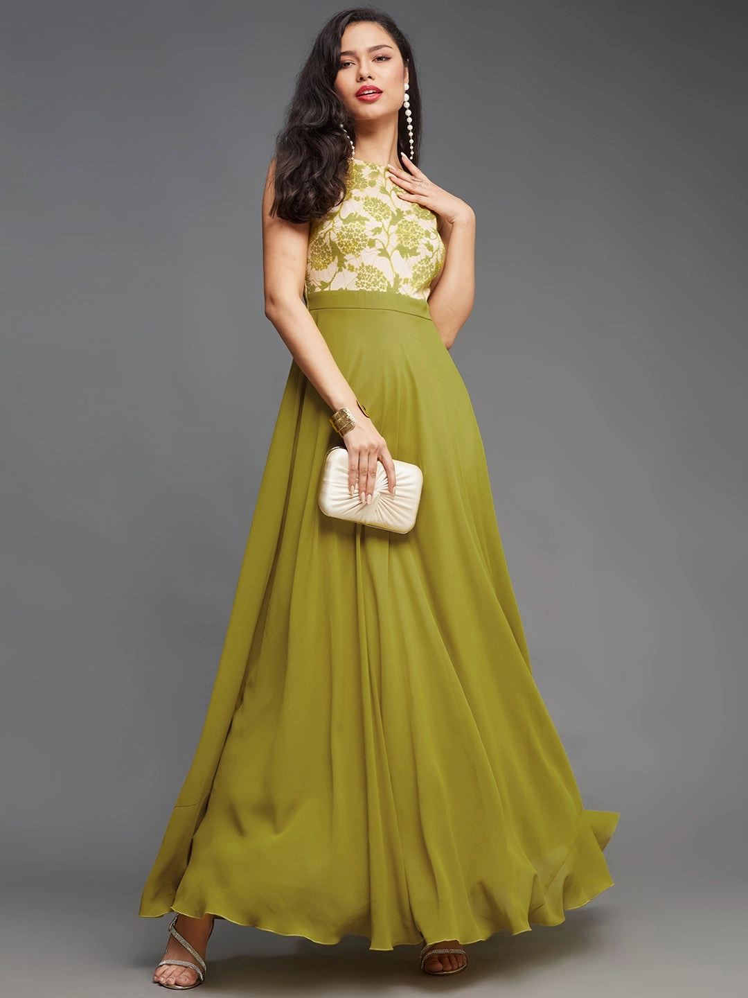 Women's Lemon Green Round Neck Sleeveless Georgette Floral Lace Fit & Flare Maxi Dress Sleek Look