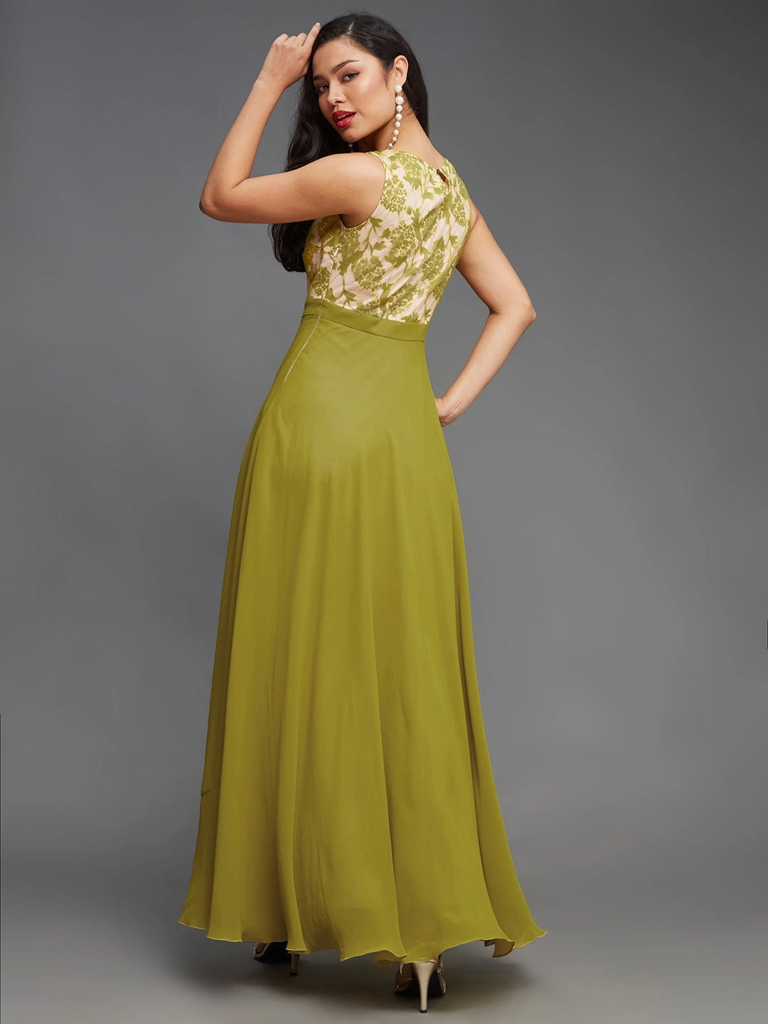 Daily Form Effortless Tailoring Women's Lemon Green Round Neck Sleeveless Georgette Floral Lace Fit & Flare Maxi Dress