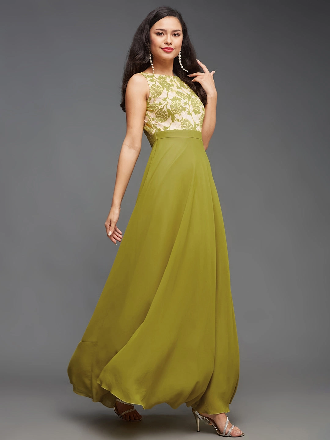 Women's Lemon Green Round Neck Sleeveless Georgette Floral Lace Fit & Flare Maxi Dress Stylish Fit Shimmer-Finish