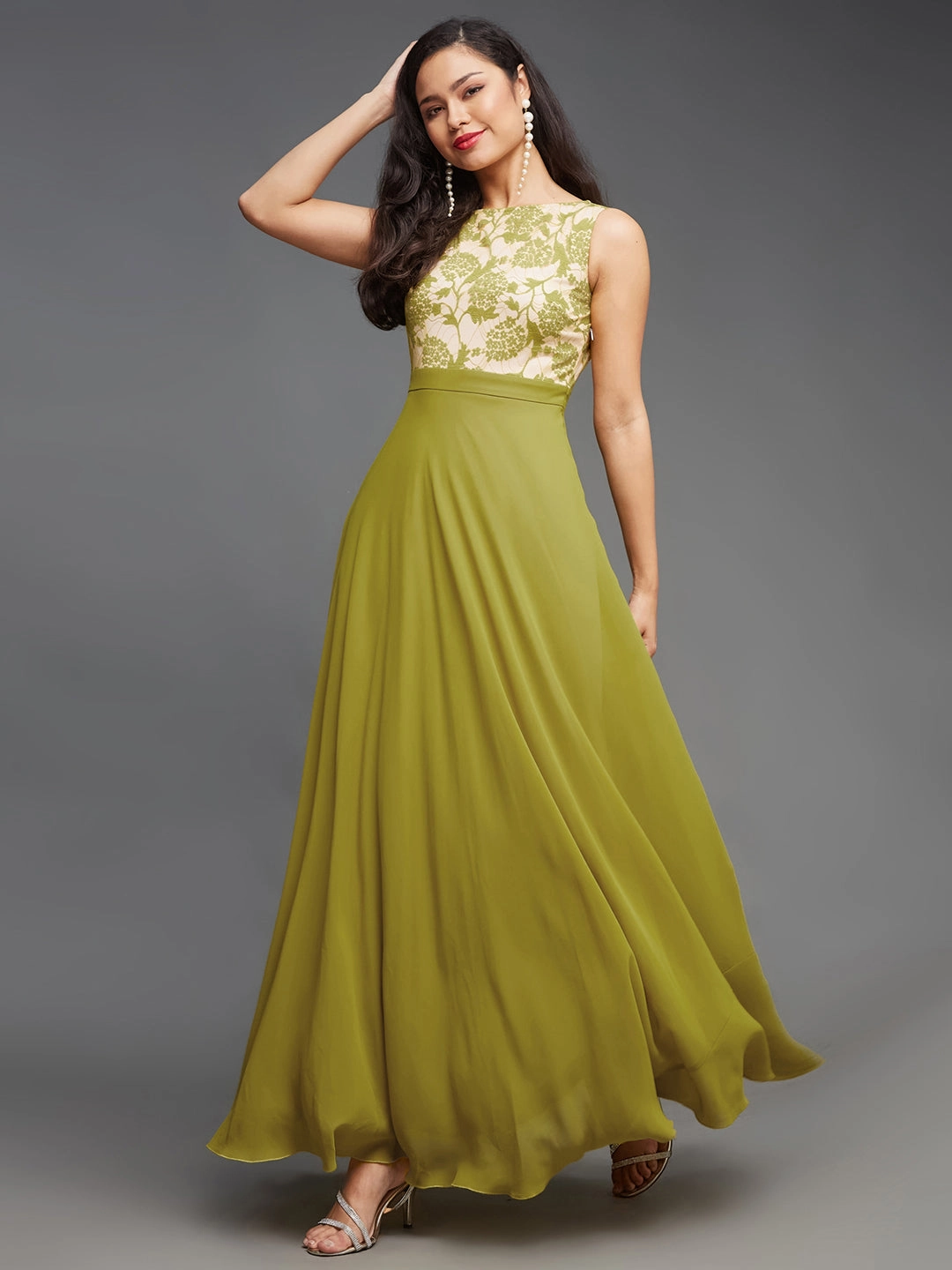 Women's Lemon Green Round Neck Sleeveless Georgette Floral Lace Fit & Flare Maxi Dress Easy Pairing