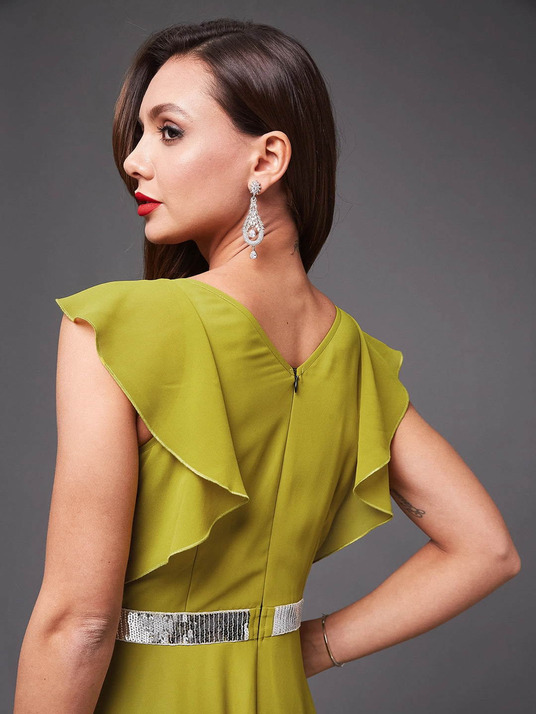 Women's Lemon Green V-Neck Ruffled Sleeve Silver Sequined Party Maxi Dress Vibrant fit